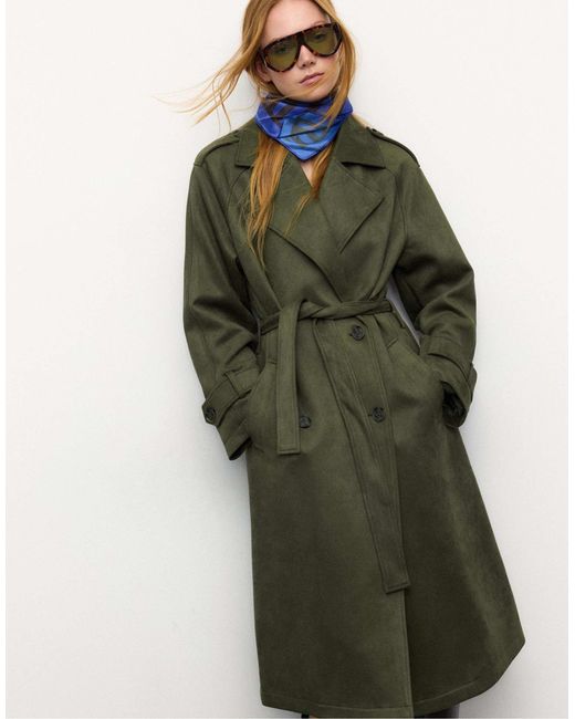 Stradivarius Green – langer trenchcoat aus wildlederimitat