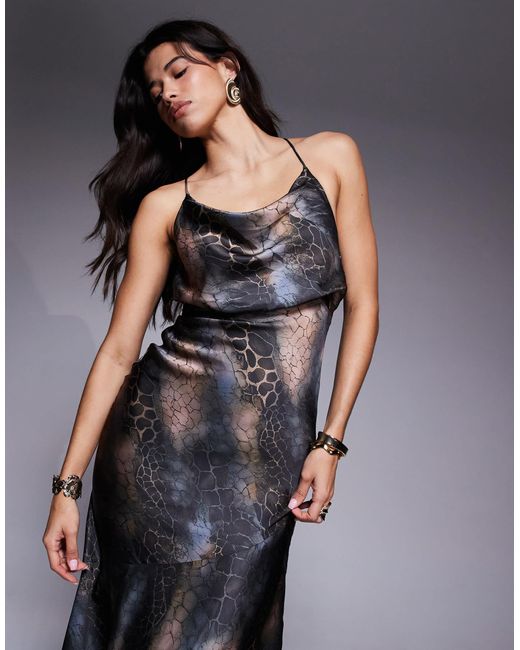 ASOS Gray Strappy Tie Back Cowl Front Satin Maxi Dress