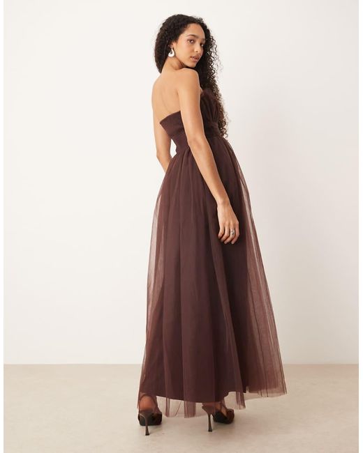 LACE & BEADS Brown Tulle Waistband Bandeau Maxi Dress
