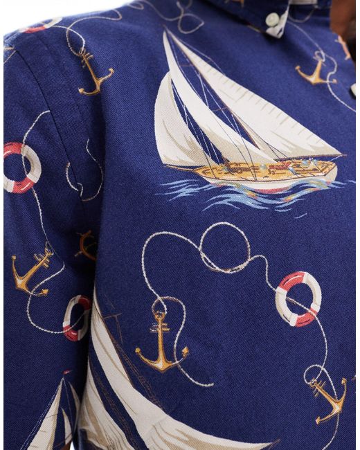 Polo Ralph Lauren Blue Short Sleeve Helm Anchors Print Oxford Shirt for men