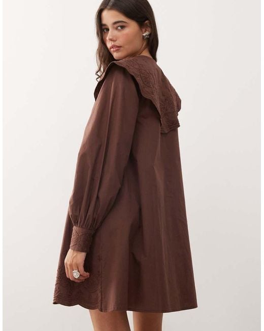 Reclaimed Vintage Brown Mini Shirt Dress With Oversized Collar And Floral Embroidery