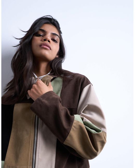 TOPSHOP Brown – mehrfarbige, kastige patchworkjacke aus wildlederimitat mit durchgehendem reißverschluss