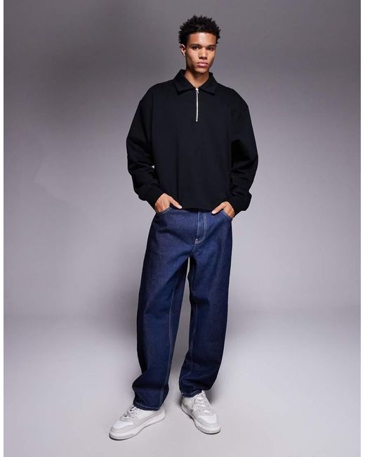 ASOS Blue Boxy Relaxed Quarter Zip Sweatshirt With Collar for men