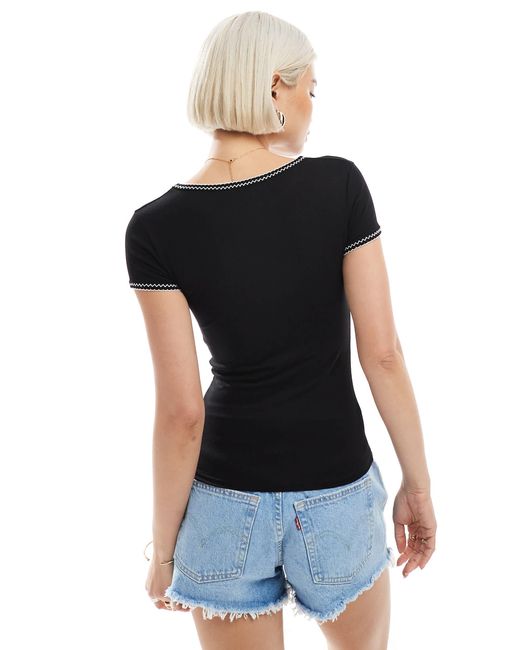 Miss Selfridge Black Blanket Stitch Crew Neck Short Sleeve Top