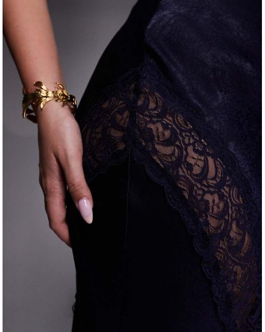 ASOS Blue Asos Design Curve Slash Neck Satin Bias Lace Detail Maxi Dress