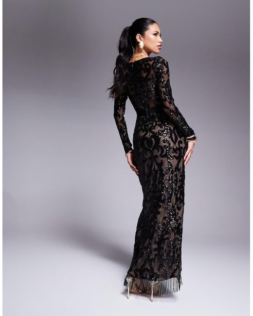 Goddiva Black Tassel & Sequin Maxi With Front Split