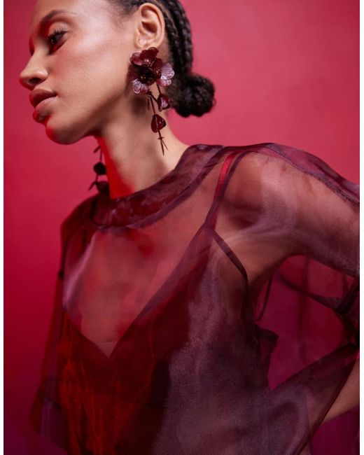 Vestido Lencero Midi Estilo Camiseta De Corte Cuadrado Con Diseño Efecto 2 En 1 De Organza De -Rojo ASOS de color Pink