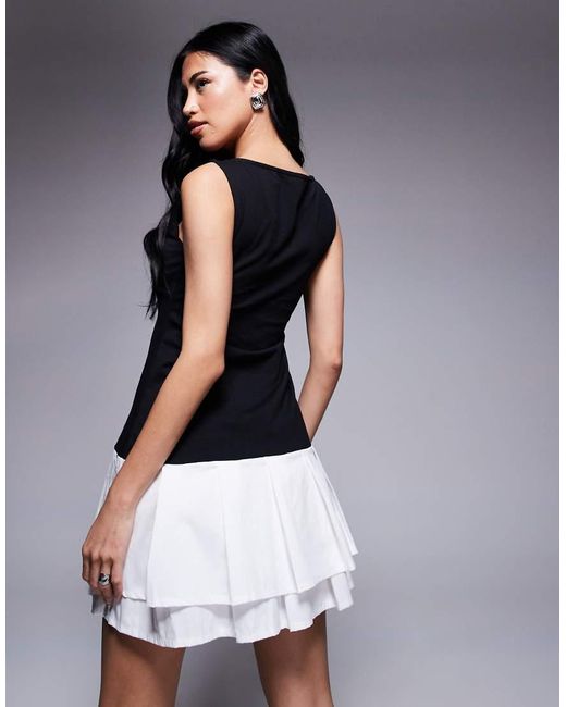 ASOS Blue Sleeveless Slash Neck Dropped Poplin Skirt Mini Dress Mono