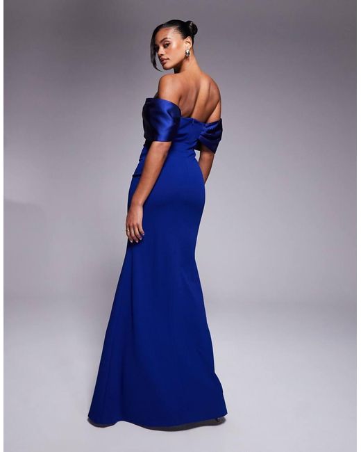 Goddiva Blue Twist Knot Satin & Scuba Bardot Maxi Dress
