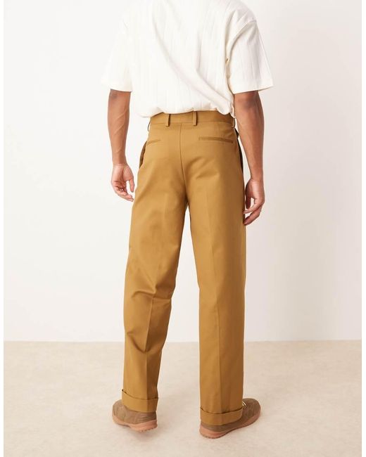 ASOS Natural Smart Wide Leg Cotton Chino Trousers With Front Pleat for men