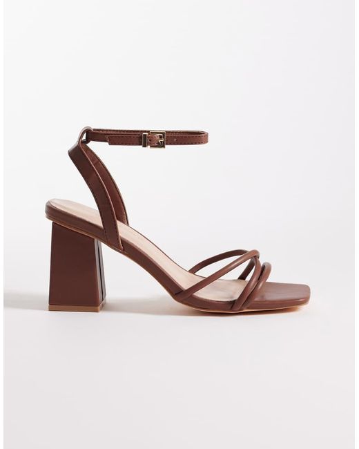 London Rebel Brown Ash Strappy Mid Block Heeled Sandals