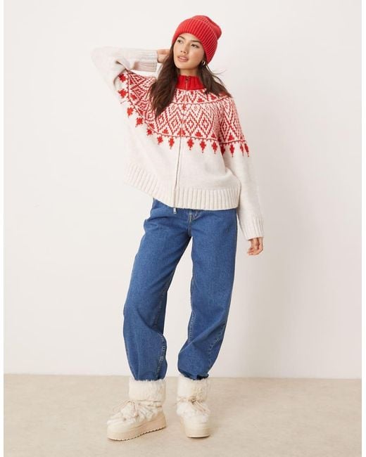 ASOS Red Chunky Zip Through Cardigan With Fairisle Pattern