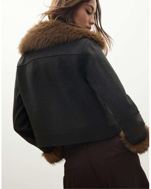 Stradivarius Gray Jacket With Faux Fur Detail