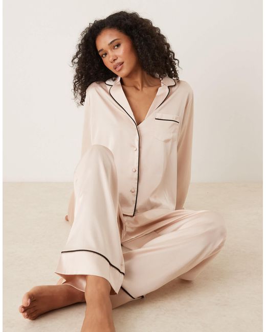 ASOS Natural Satin Shirt & Pants Pajama Set