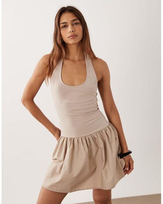 ASOS Natural Scoop Halter Mini Dress With Cotton Poplin Skirt