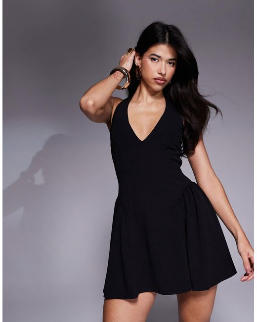 ASOS Black Halter Neck Corset Detail Mini Dress With Godets