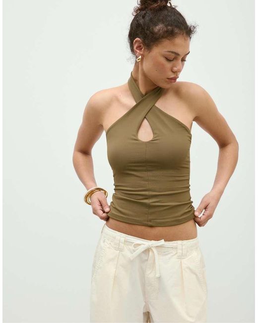Stradivarius Green Halter Cross-over Top