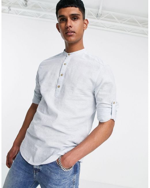 Only & Sons Blue Grandad Collar Overhead Linen Mix Shirt for men