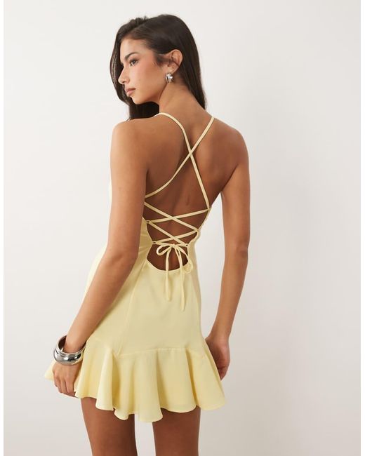 Oh Polly Natural V-Neck Drop Waist Lace Up Mini Dress