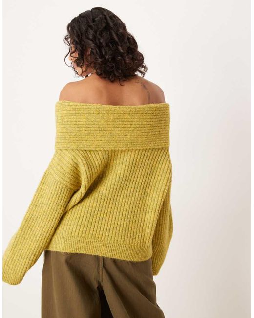 ASOS Yellow Oversized Off Shoulder Jumper With Wool