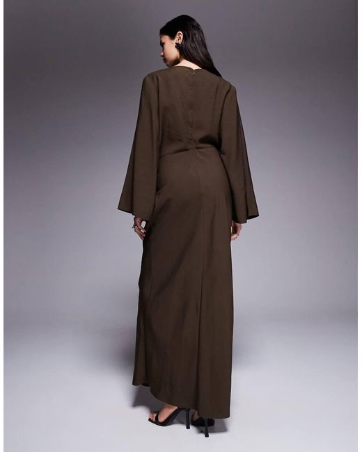 ASOS Brown Long Sleeve Tucked Waist Bias Maxi Dress