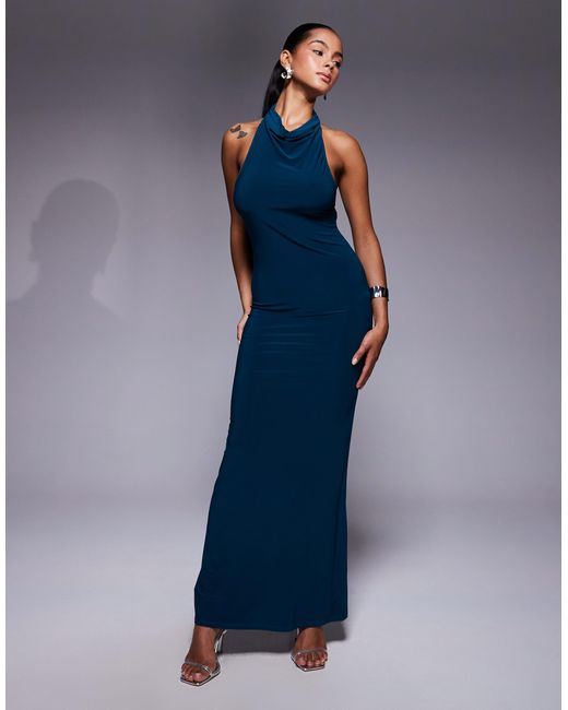 ASOS Blue Halter Draped Maxi Dress With Open Back