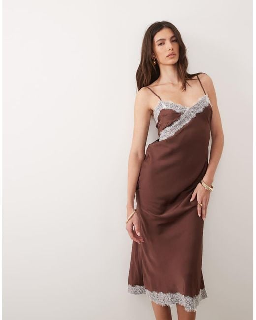New Look Brown Contrast Lace Strappy Satin Midi Dress