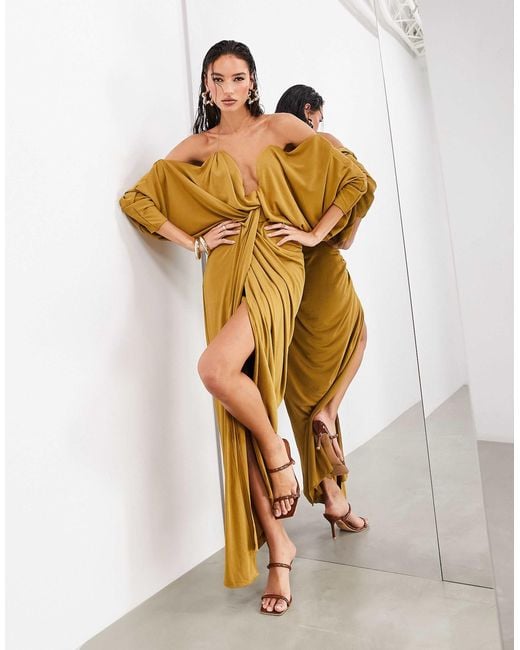 ASOS Extreme Plunge Draped Long Sleeve Maxi Dress in Metallic | Lyst