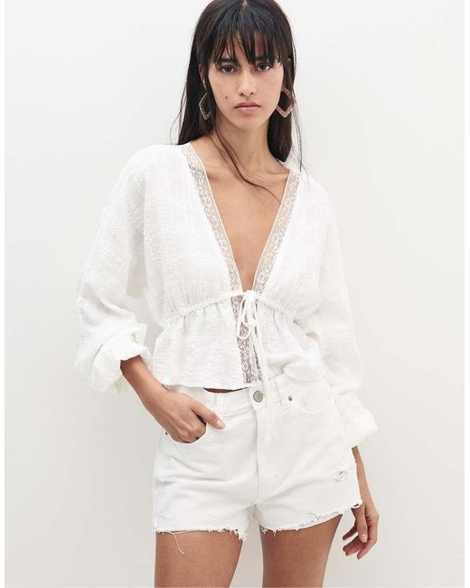 Pull&Bear White Lace Blouse With Bow