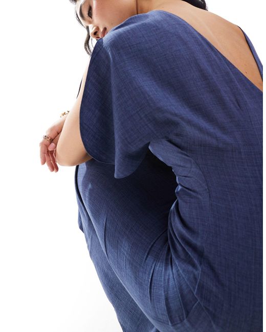 ASOS Blue Linen-look Flutter Sleeve Midi Dress With Ruching Detail