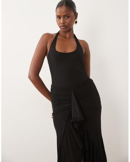 Missy Empire Black Double Sculpted Slinky Scoop Halterneck Ruffle High Low Detail Maxi Dress
