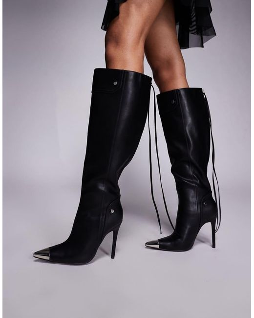Public Desire Black Finest Stiletto Heel Knee Boots With Pointed Metal Toe