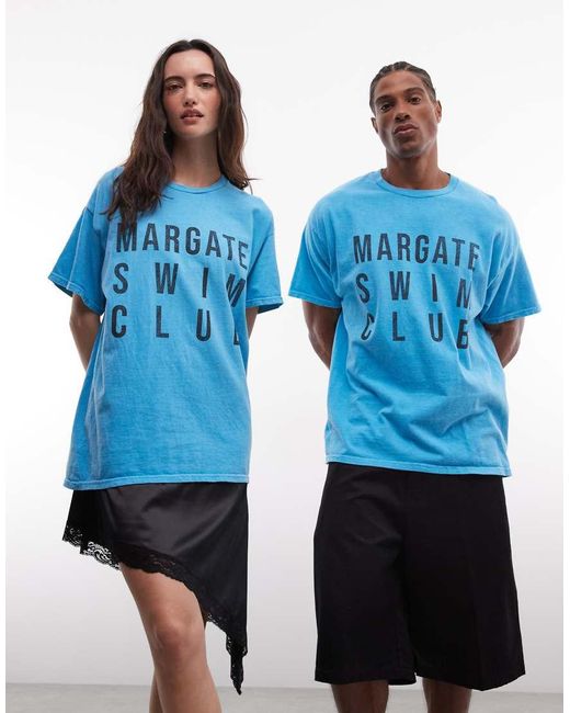 Reclaimed Vintage Blue Margate Slogan T-Shirt for men