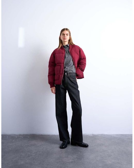 TOPSHOP Red Clean Rib Collar Puffer Jacket