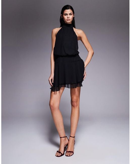 Fashionkilla Black Exclusive Chiffon Halterneck Foldover Detail Ruffle Skirt Mini Dress