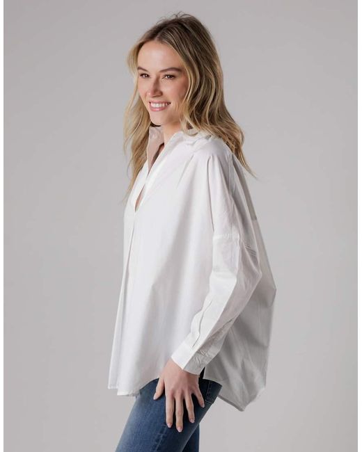 French Connection Gray Cotton Long Sleeve Poplin Popover High-Low Hem Shirt