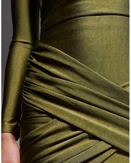 Ruched & Ready Brown Looked Twice Sculpted High Shine Drape Front Thigh Split Maxi Skirt Co-Ord