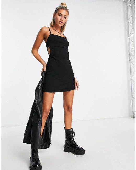 Pull&Bear Spaghetti Strap Mini Dress With Cut Out Back Detail in Black