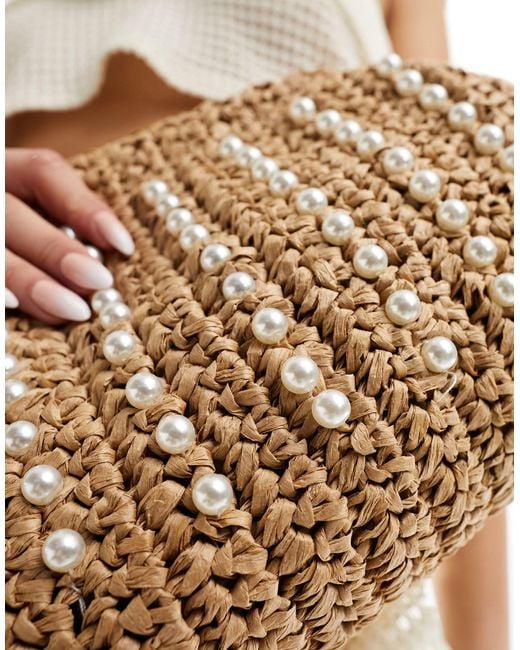 South Beach Brown Crochet Clutch With Pearl Embellishment