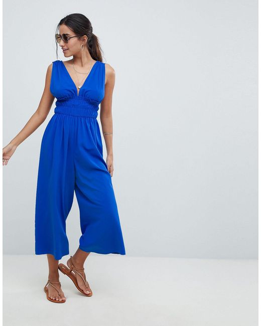 blue plunge jumpsuit
