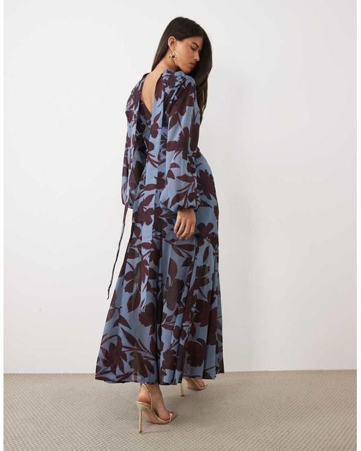 Pretty Lavish Blue Chiffon V Neck Scarf Detail Draped Batwing Sleeve Maxi Dress