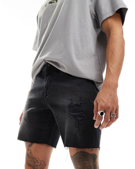 ASOS Gray Mid Length Slim Denim Shorts With Rips for men