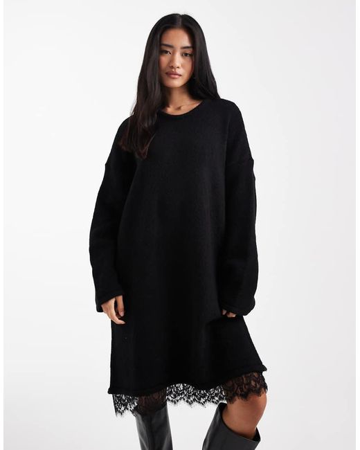 ASOS Black Knitted Mini Dress With Lace Trim Detail