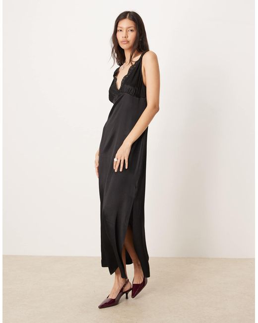 ASOS Women's Natural V Neck Lace Detail Slip Satin Midi Dress