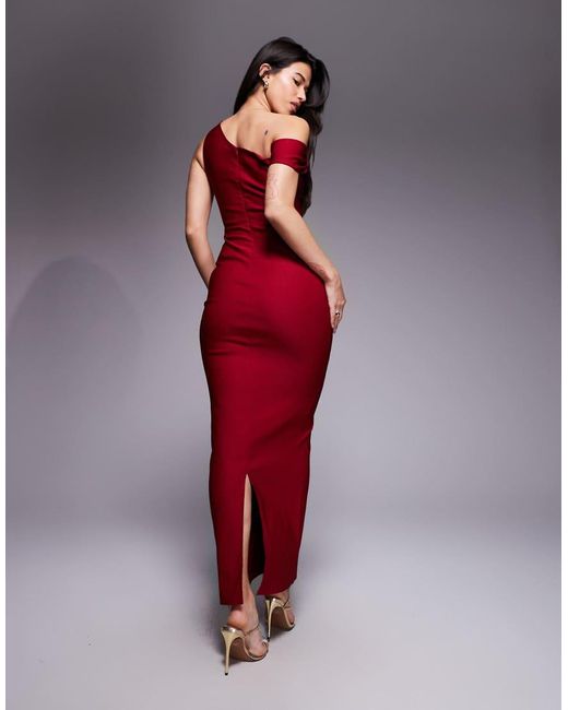 Vesper Red Bengaline One Shoulder Knot Detail Maxi Bodycon Dress