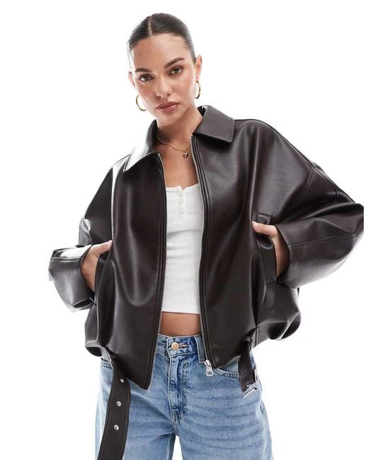 Pull&Bear Black Oversized Faux Leather Biker Jacket