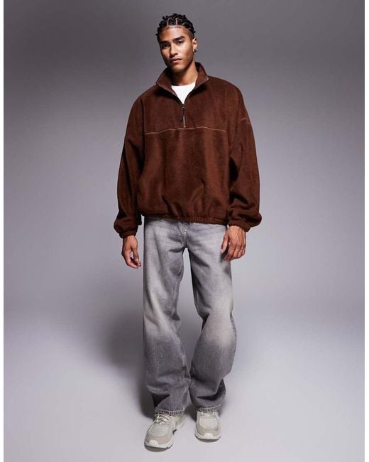 ASOS Brown Extreme Oversized Quarter Zip Funnel Neck Fleece Sweatshirt for men