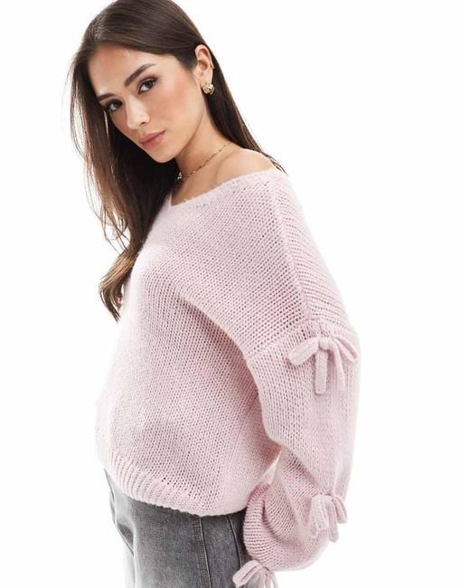 Hollister Pink Slouchy Off The Shoulder Applique Bow Knit Jumper