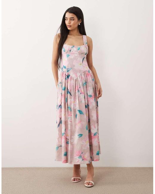 Bardot Pink Cartia Cotton Milkmaid Corset Detail Tie Back Maxi Dress