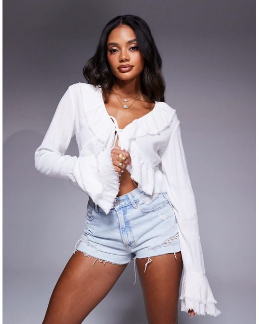 Aria Cove Gray Linen Look Ruffle Tie Front Bell Sleeve Top